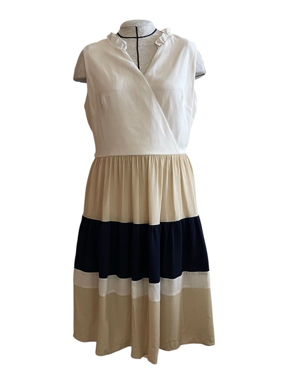 Danny & Nicole Sleeveless Colorblock Midi Dress in White, Beige & Navy